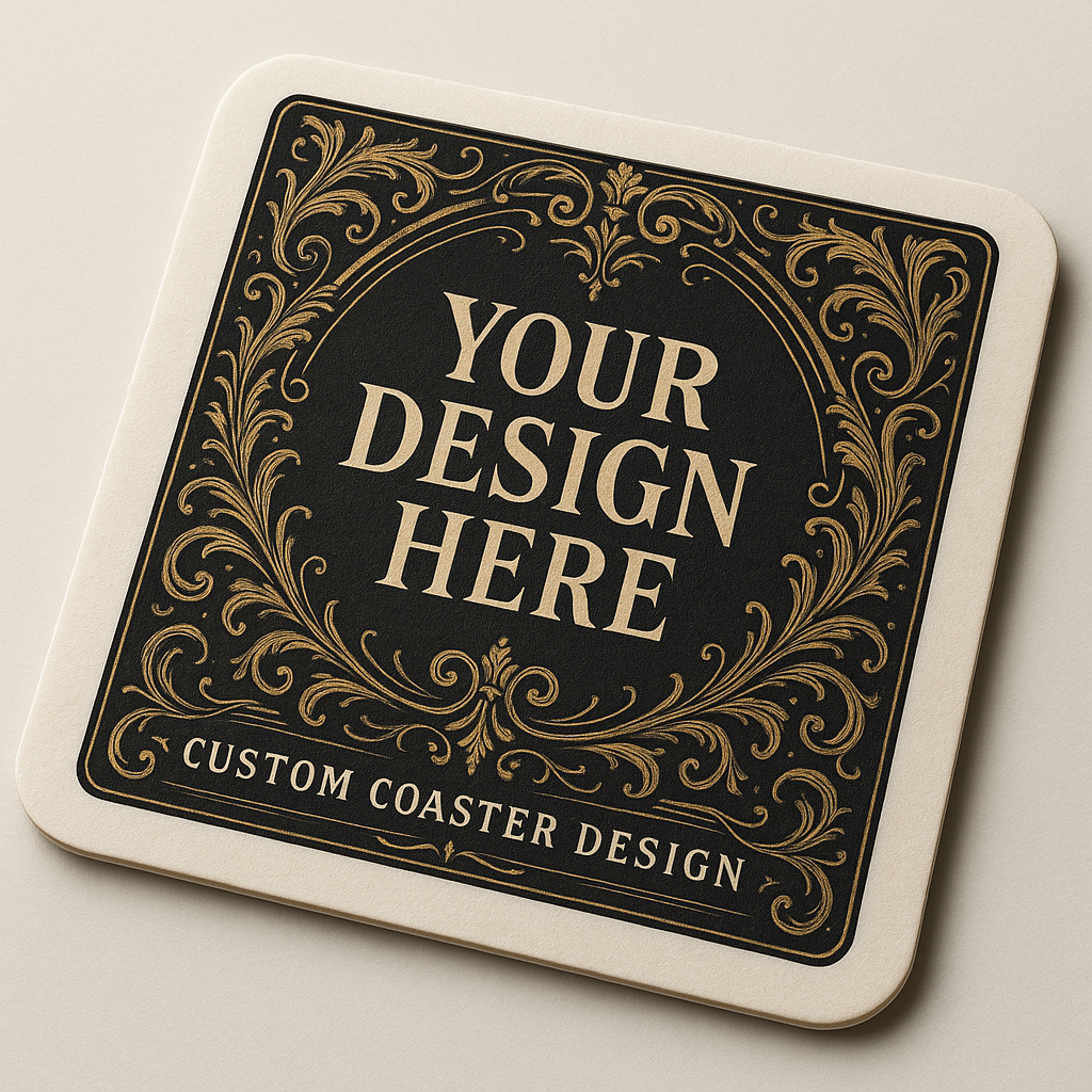 Custom coaster with ornate design and text 'Your Design Here' on a beige background