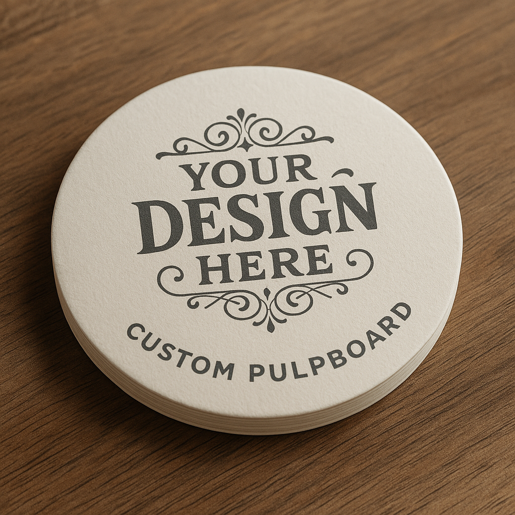 Round custom pulpboard with 'Your Design Here' text on a wooden surface