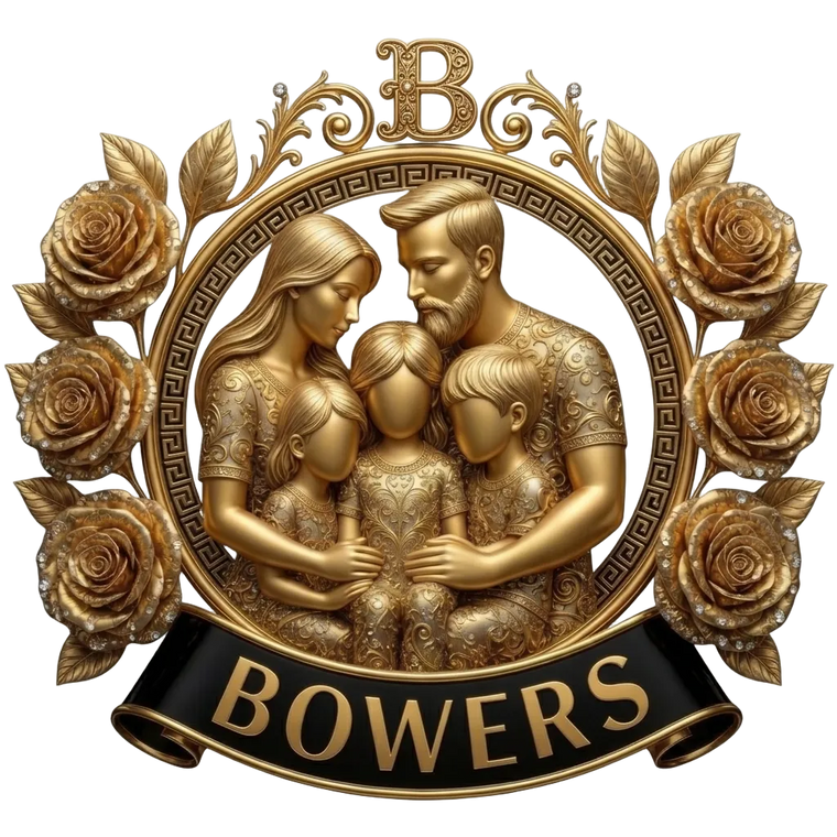 Gold family emblem with roses and 'BOWERS' branding on a white background