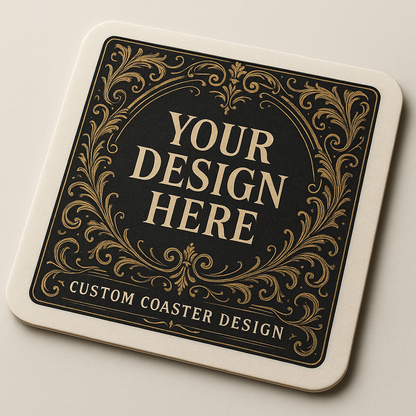 Custom coaster with ornate design and text 'Your Design Here' on a beige background